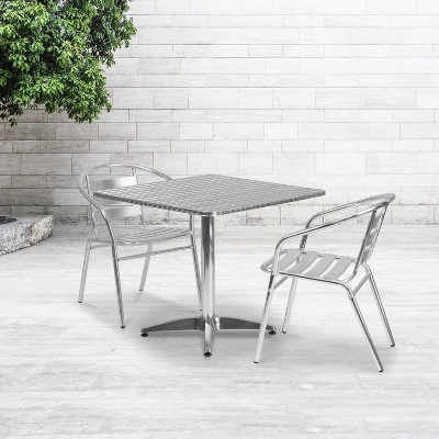 Emma And Oliver 31.5" Square Aluminum Table Set With 2 Slat Back Chairs 3 Emma And Oliver 31.5" Square Aluminum Table Set With 2 Slat Back Chairs