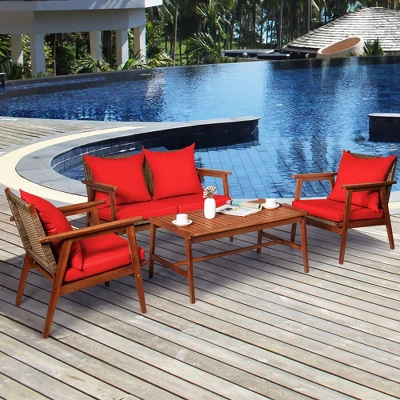 Costway 4PCS Patio Rattan Furniture Set Acacia Wood Frame Cushioned Sofa Chair 3 Costway 4PCS Patio Rattan Furniture Set Acacia Wood Frame Cushioned Sofa Chair
