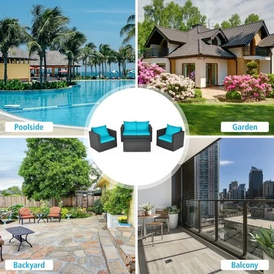 Costway 4PCS Patio Rattan Cushioned Sofa Chair Coffee Table Turquoise 5 Costway 4PCS Patio Rattan Cushioned Sofa Chair Coffee Table Turquoise - Image 3
