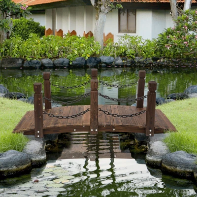 Outsunny 5 Ft Wooden Garden Bridge Arc Footbridge With Metal Chain Railings & Solid Fir Construction, Stained Wood 4 Outsunny 5 Ft Wooden Garden Bridge Arc Footbridge With Metal Chain Railings & Solid Fir Construction, Stained Wood - Image 2