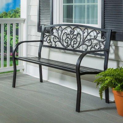 Evergreen Blooming Garden Metal Bench, Black 4 Evergreen Blooming Garden Metal Bench, Black - Image 2