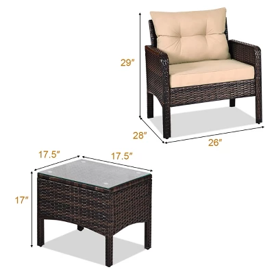 Costway 3PCS Patio Rattan Conversation Set Cushioned Sofa Chair For Garden 5 Costway 3PCS Patio Rattan Conversation Set Cushioned Sofa Chair For Garden - Image 3