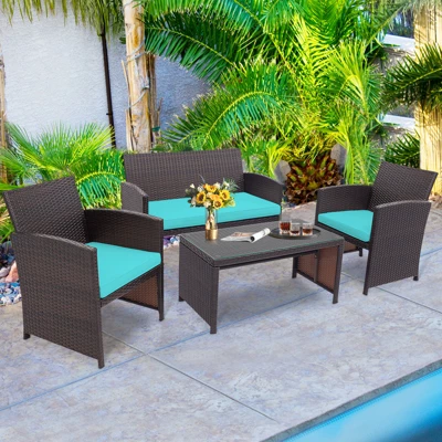 Tangkula 8PCS Outdoor Patio Furniture Sets Weather-Resistant Rattan Sofas W/ Soft Cushion Turquoise 4 Tangkula 8PCS Outdoor Patio Furniture Sets Weather-Resistant Rattan Sofas W/ Soft Cushion Turquoise - Image 2