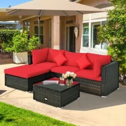 Costway 5PCS Outdoor Patio Rattan Furniture Set Sectional Conversation W/Red Cushions -Sunnydaze Decor Store GUEST ca59b987 9b29 4624 a9c0 1aca79105d65