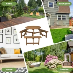 Costway 6-person Round Wooden Picnic Table Outdoor Table W/ Umbrella Hole & Benches -Sunnydaze Decor Store GUEST cc71fc75 81df 4cee 8e15 621c653d7509