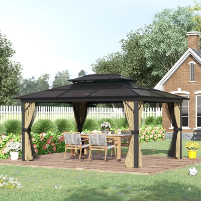 Outsunny 11x15 Hardtop Gazebo With Aluminum Frame, Polycarbonate Gazebo Canopy With Ceiling Hooks, Curtains And Netting, Beige 3 Outsunny 11x15 Hardtop Gazebo With Aluminum Frame, Polycarbonate Gazebo Canopy With Ceiling Hooks, Curtains And Netting, Beige