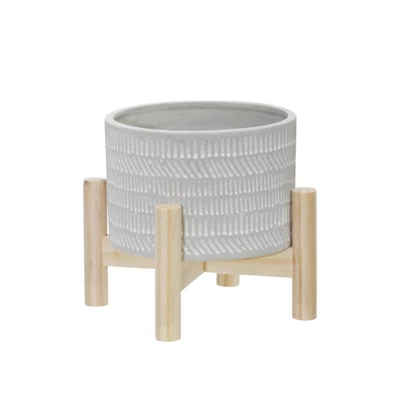 Sagebrook Home With Wood Stand Ceramic Indoor Outdoor Planter Pot Gray/Beige 6 Sagebrook Home With Wood Stand Ceramic Indoor Outdoor Planter Pot Gray/Beige - Image 4