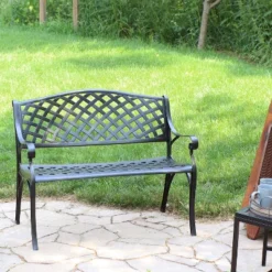 Sunnydaze Decor Sunnydaze 2-Person Checkered Design Cast Aluminum Outdoor Patio Bench, Black -Sunnydaze Decor Store GUEST ce768cf7 c382 43d9 82f3 44aa1b034084