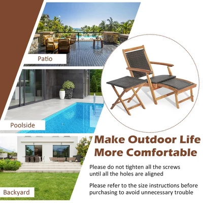 Costway 4PCS Patio Rattan Folding Lounge Chair Table Acacia Wood WithRetractable Footrest 9 Costway 4PCS Patio Rattan Folding Lounge Chair Table Acacia Wood WithRetractable Footrest - Image 7