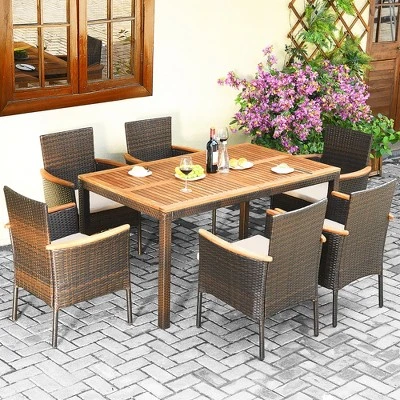 Costway 7PCS Patio Rattan Dining Set Armrest Cushioned Chair Wooden Tabletop 3 Costway 7PCS Patio Rattan Dining Set Armrest Cushioned Chair Wooden Tabletop
