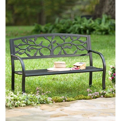 Plow & Hearth Tree Of Life Metal Garden Bench, In Black 3 Plow & Hearth Tree Of Life Metal Garden Bench, In Black