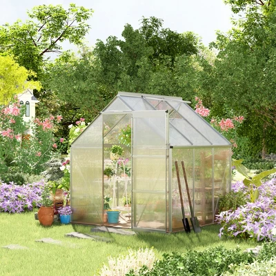 Outsunny Polycarbonate Greenhouse With Aluminum Frame, Walk-in Garden Greenhouse Kit With Adjustable Roof Vent, Rain Gutter And Sliding Door For Winter, Silver 4 Outsunny Polycarbonate Greenhouse With Aluminum Frame, Walk-in Garden Greenhouse Kit With Adjustable Roof Vent, Rain Gutter And Sliding Door For Winter, Silver - Image 2