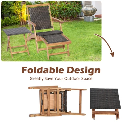 Costway 4PCS Patio Rattan Folding Lounge Chair Table Acacia Wood WithRetractable Footrest 8 Costway 4PCS Patio Rattan Folding Lounge Chair Table Acacia Wood WithRetractable Footrest - Image 6