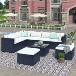 9pc Wicker Patio Set With Cushions - Black/Beige - GODEER