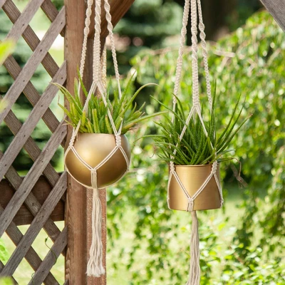 Macrame Hanging Planter With Gold Metal Planter Pot - Foreside Home & Garden 9 Macrame Hanging Planter With Gold Metal Planter Pot - Foreside Home & Garden - Image 7