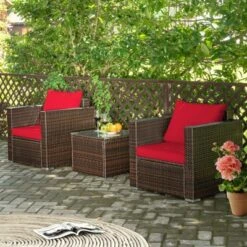 Costway 3PCS Patio Rattan Furniture Set Conversation Sofa Cushioned TurquoiseRed -Sunnydaze Decor Store GUEST d7079127 4137 4db3 9281 6755c656a7f2