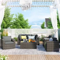 7pc Wicker Patio Seating Set With Cushions & Storage Box - Gray - GODEER