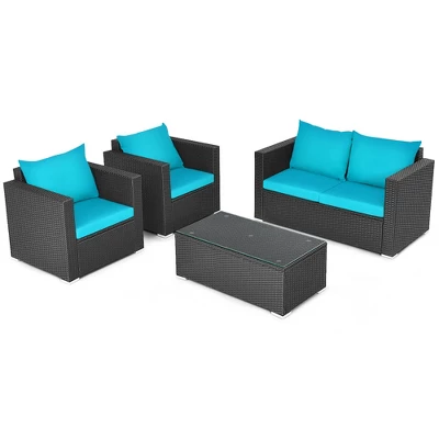Costway 4PCS Patio Rattan Cushioned Sofa Chair Coffee Table Turquoise 11 Costway 4PCS Patio Rattan Cushioned Sofa Chair Coffee Table Turquoise - Image 9