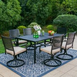 7pc Outdoor Dining Set With Steel Swivel Chairs & Large Rectangle Metal Table With Umbrella Hole - Black - Captiva Designs -Sunnydaze Decor Store GUEST dde36d24 19f4 45d6 8a8c c63cd26c26d6