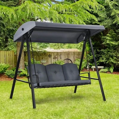 Costway Outdoor 3-Seat Porch Swing With Adjust Canopy And Cushions GrayBrown 13 Costway Outdoor 3-Seat Porch Swing With Adjust Canopy And Cushions GrayBrown - Image 11