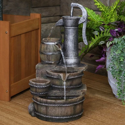 Sunnydaze Decor Sunnydaze 23"H Electric Polyresin Cozy Farmhouse Pump And Tiered Barrels Outdoor Water Fountain With LED Lights 4 Sunnydaze Decor Sunnydaze 23"H Electric Polyresin Cozy Farmhouse Pump And Tiered Barrels Outdoor Water Fountain With LED Lights - Image 2