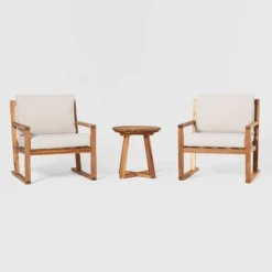 Saracina Home 3pc Modern Slat-Back Acacia Outdoor Conversation Set With Cushions -Sunnydaze Decor Store GUEST e228f191 c7e4 49f0 8884 eecb92073a20