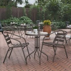 Flash Furniture Lila 23.75'' Round Glass Metal Table With 2 Metal Aluminum Slat Stack Chairs