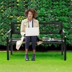 Costway Patio Park Garden Bench Porch Path Chair Outdoor Deck Steel Frame -Sunnydaze Decor Store GUEST e3282397 5659 4b2f 8ac6 4d4ca5fa71a3