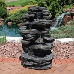 Sunnydaze Decor Sunnydaze 39"H Electric Polystone Rock Falls Waterfall Outdoor Water Fountain With LED Lights