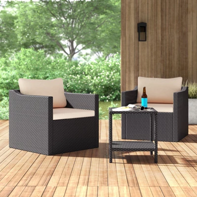 Barton 3 Pieces Outdoor Seating Group Patio Set With Cushion Seat Table, Black/Beige 4 Barton 3 Pieces Outdoor Seating Group Patio Set With Cushion Seat Table, Black/Beige - Image 2