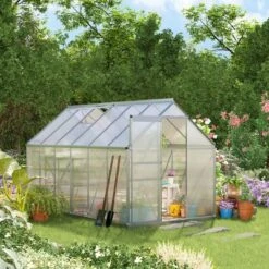 Outsunny Aluminum Greenhouse, Polycarbonate Walk-in Garden Greenhouse Kit With Adjustable Roof Vent, Rain Gutter And Sliding Door For Winter, Silver