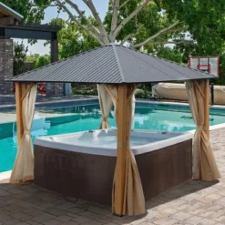 Aoodor Wood Grain Aluminum Gazebo Hardtop Black Steel Roof With Curtain&Netting -Sunnydaze Decor Store GUEST e7190b46 175f 42a9 8437 e173bd2dfd37