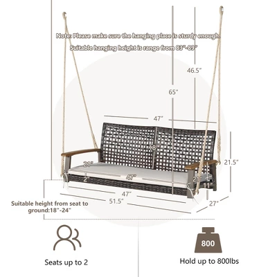 Tangkula 2-Seat Rattan Porch Swing Chair Outdoor Wicker Swing Bench W/ Seat Cushion 10 Tangkula 2-Seat Rattan Porch Swing Chair Outdoor Wicker Swing Bench W/ Seat Cushion - Image 8