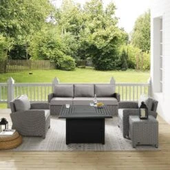 Bradenton 5pc Wicker Sofa Set With Fire Table - Gray - Crosley -Sunnydaze Decor Store GUEST e8b03a94 1be7 4048 bca0 5e15df0f63d8