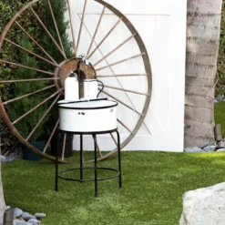 34" Metal Antique Cylindrical Fountain Sink With Stand White - Alpine Corporation