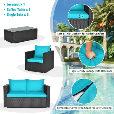 Costway 4PCS Patio Rattan Cushioned Sofa Chair Coffee Table Turquoise 8 Costway 4PCS Patio Rattan Cushioned Sofa Chair Coffee Table Turquoise - Image 6