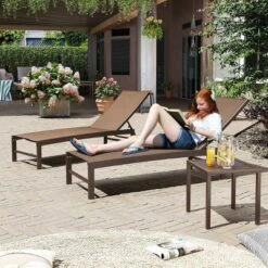 3pc Outdoor Five Position Adjustable Curved Aluminum Lounge Set Brown - Crestlive Products