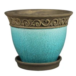 Southern Patio Cadiz 8in Diameter Crackled Glazed Ceramic Indoor Outdoor Garden Planter Pot Urn W/Saucer For Flowers, Herbs, & Plants, Teal (2 Pack)