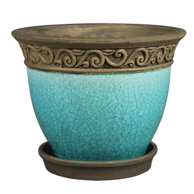 Southern Patio Cadiz 8in Diameter Crackled Glazed Ceramic Indoor Outdoor Garden Planter Pot Urn W/Saucer For Flowers, Herbs, & Plants, Teal (2 Pack) 3 Southern Patio Cadiz 8in Diameter Crackled Glazed Ceramic Indoor Outdoor Garden Planter Pot Urn W/Saucer For Flowers, Herbs, & Plants, Teal (2 Pack)