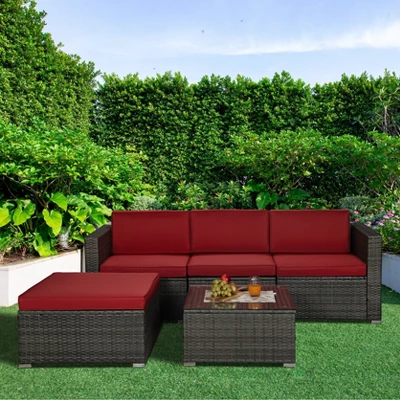 5pc Rattan Wicker Outdoor Conversation Set - Gray/Red - GODEER 3 5pc Rattan Wicker Outdoor Conversation Set - Gray/Red - GODEER