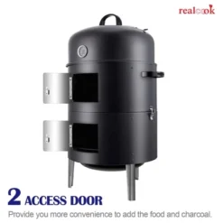 Realcook 17 Inch Vertical Heavy Duty Round Steel BBQ Charcoal Outdoor Smoker With Latch Locking System And Dual Entrance Doors, Black -Sunnydaze Decor Store GUEST f6a4548a e15b 4aa0 ba2f da85e7f88846