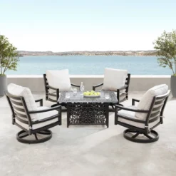 5pc Outdoor Dining Set With 48" Rectangle Fire Table & Deep Seating Swivel Rocking Chairs, Wind Blocker Lid & Covers - Oakland Living
