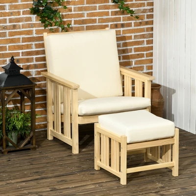 Outsunny Patio Furniture Set, Wood Outdoor Patio Chair With Ottoman, 2 Piece Cushioned Outdoor Lounge Chair, Sofa Chair With Footrest, Beige 4 Outsunny Patio Furniture Set, Wood Outdoor Patio Chair With Ottoman, 2 Piece Cushioned Outdoor Lounge Chair, Sofa Chair With Footrest, Beige - Image 2