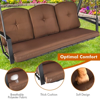 Costway Outdoor 3-Seat Porch Swing With Adjust Canopy And Cushions GrayBrown 8 Costway Outdoor 3-Seat Porch Swing With Adjust Canopy And Cushions GrayBrown - Image 6