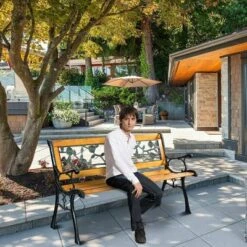 Costway Patio Park Garden Bench Porch Chair Outdoor Deck Cast Iron Hardwood Rose -Sunnydaze Decor Store GUEST f7d294ac be54 45fc a9bf 7e8912796439