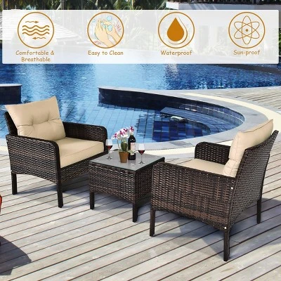 Costway 3PCS Patio Rattan Conversation Set Cushioned Sofa Chair For Garden 6 Costway 3PCS Patio Rattan Conversation Set Cushioned Sofa Chair For Garden - Image 4
