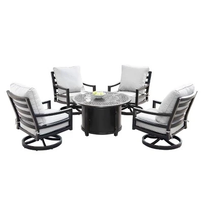 5pc Outdoor Fire Table Set With Geometric 44" Round Fire Table, 4 Deep Seating Swivel Rocking Chairs & Table Fabric Covers - Oakland Living 3 5pc Outdoor Fire Table Set With Geometric 44" Round Fire Table, 4 Deep Seating Swivel Rocking Chairs & Table Fabric Covers - Oakland Living