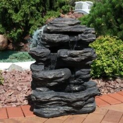 Sunnydaze Decor Sunnydaze 24"H Electric Polystone Rock Falls Waterfall Outdoor Water Fountain With LED Lights